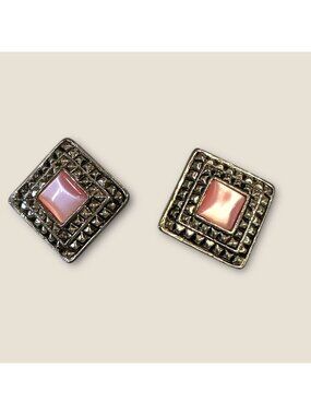 Square Silver Tone Earrings With Pink Cats Eye Stone Center And Textured Frame